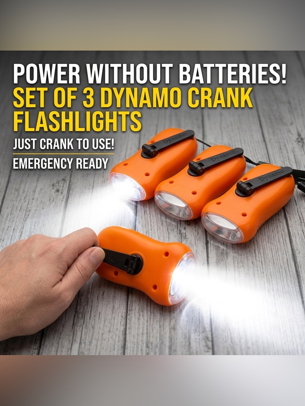 Set of 3 Orange Dynamo Hand Crank Emergency Flashlights - Compact Survival Gear